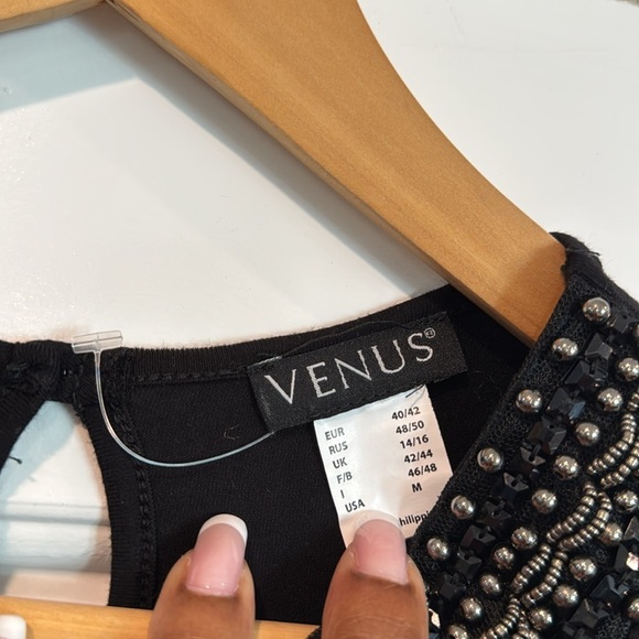 VENUS Black Long Sleeve Front Knot Dress with Beaded Neckline Size Medium - Picture 4 of 7